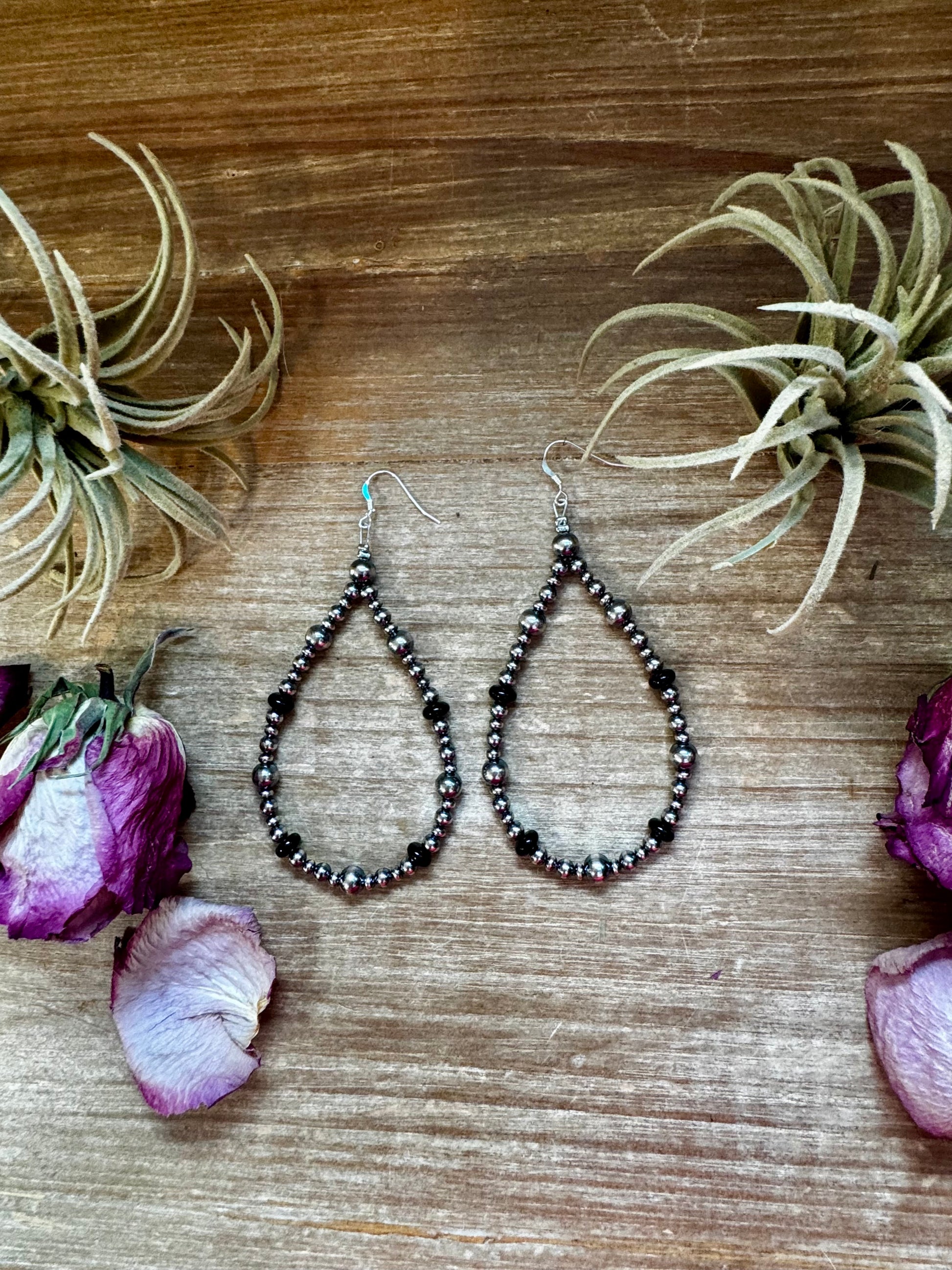 Sterling silver pearl earrings with 3mm, 4mm Soaucer, and 6mm pearls plus 6mm black onyx rondelle, handmade by The Bijoux FAB  in the USA, 3.75 inches long