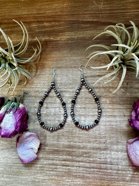 Sterling silver pearl earrings with 3mm, 4mm Soaucer, and 6mm pearls plus 6mm black onyx rondelle, handmade by The Bijoux FAB  in the USA, 3.75 inches long