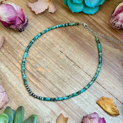 African Turquoise Heishi & Sterling Silver Pearl Necklace