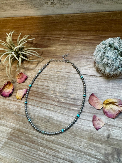 14-inch necklace with 3-inch extender, featuring one-tone silver-plated beads and Verasite turquoise accents. Handmade in the USA by The Bijoux FAB.