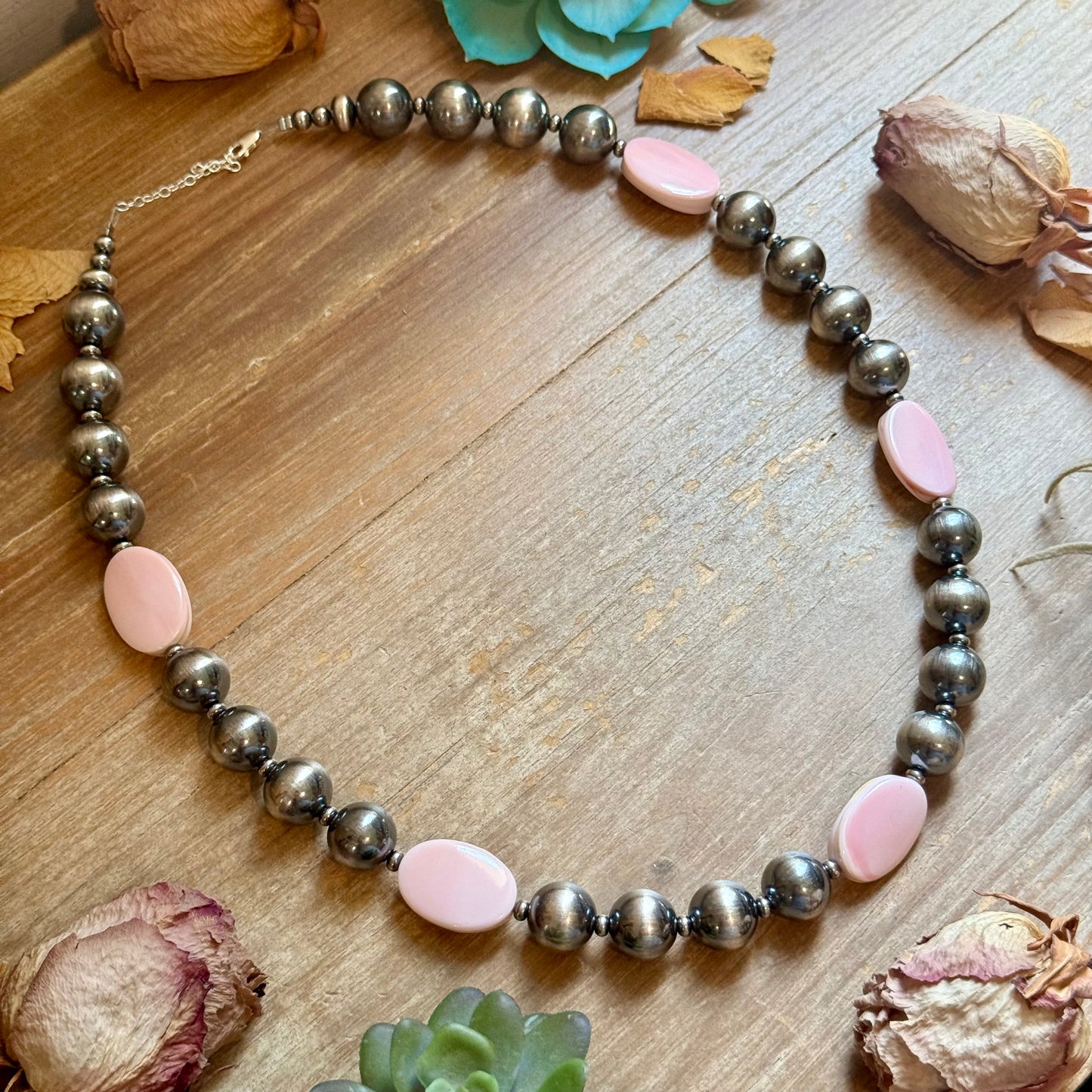 Pink Conch Oval & Sterling Silver Pearl Necklace