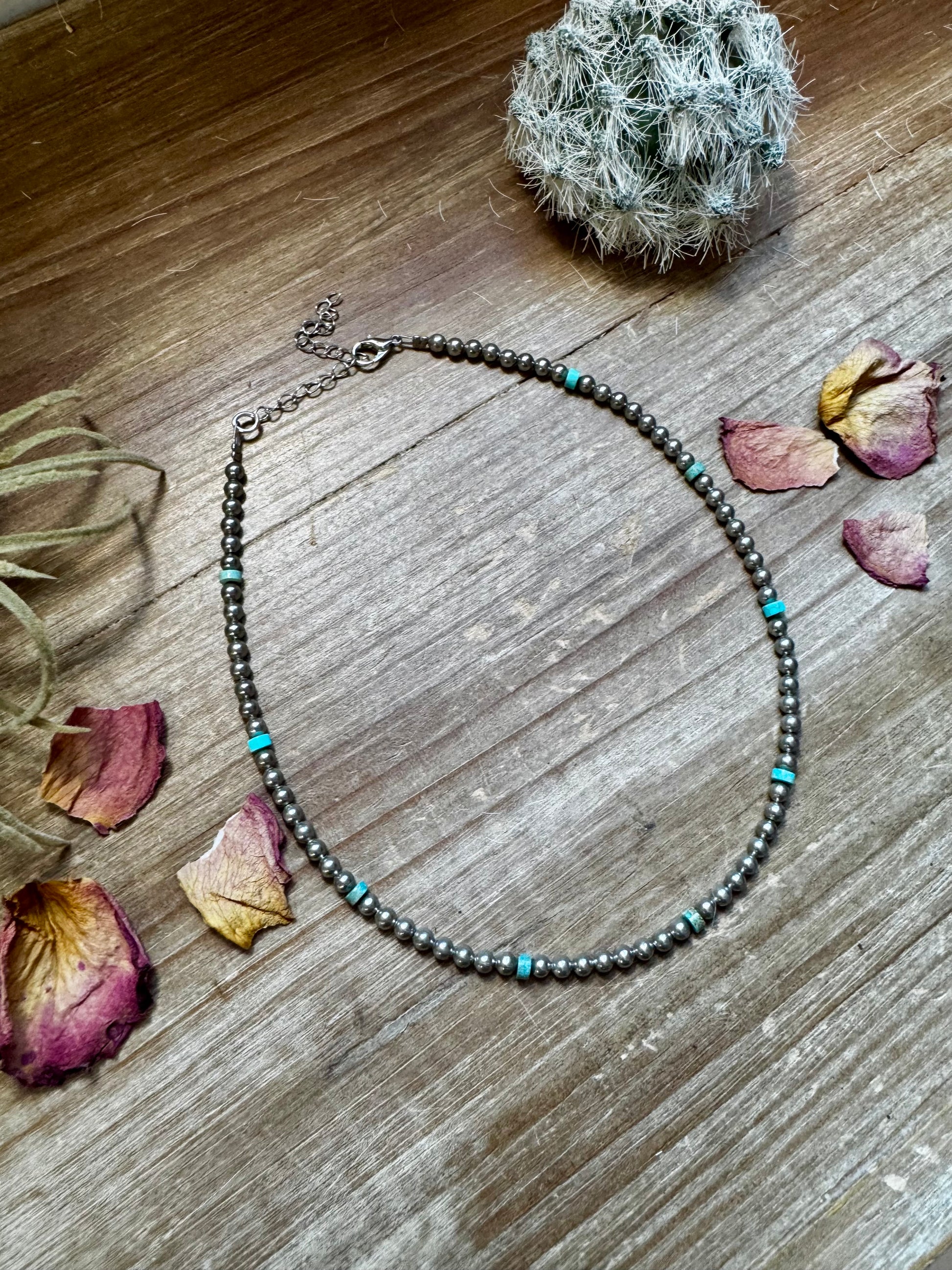 14-inch necklace with 3-inch extender, featuring one-tone silver-plated beads and Verasite turquoise accents. Handmade in the USA by The Bijoux FAB.