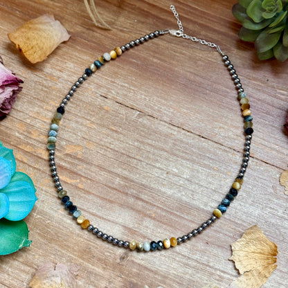 16” Golden Tiger Eye Necklace – Sterling Silver Pearls