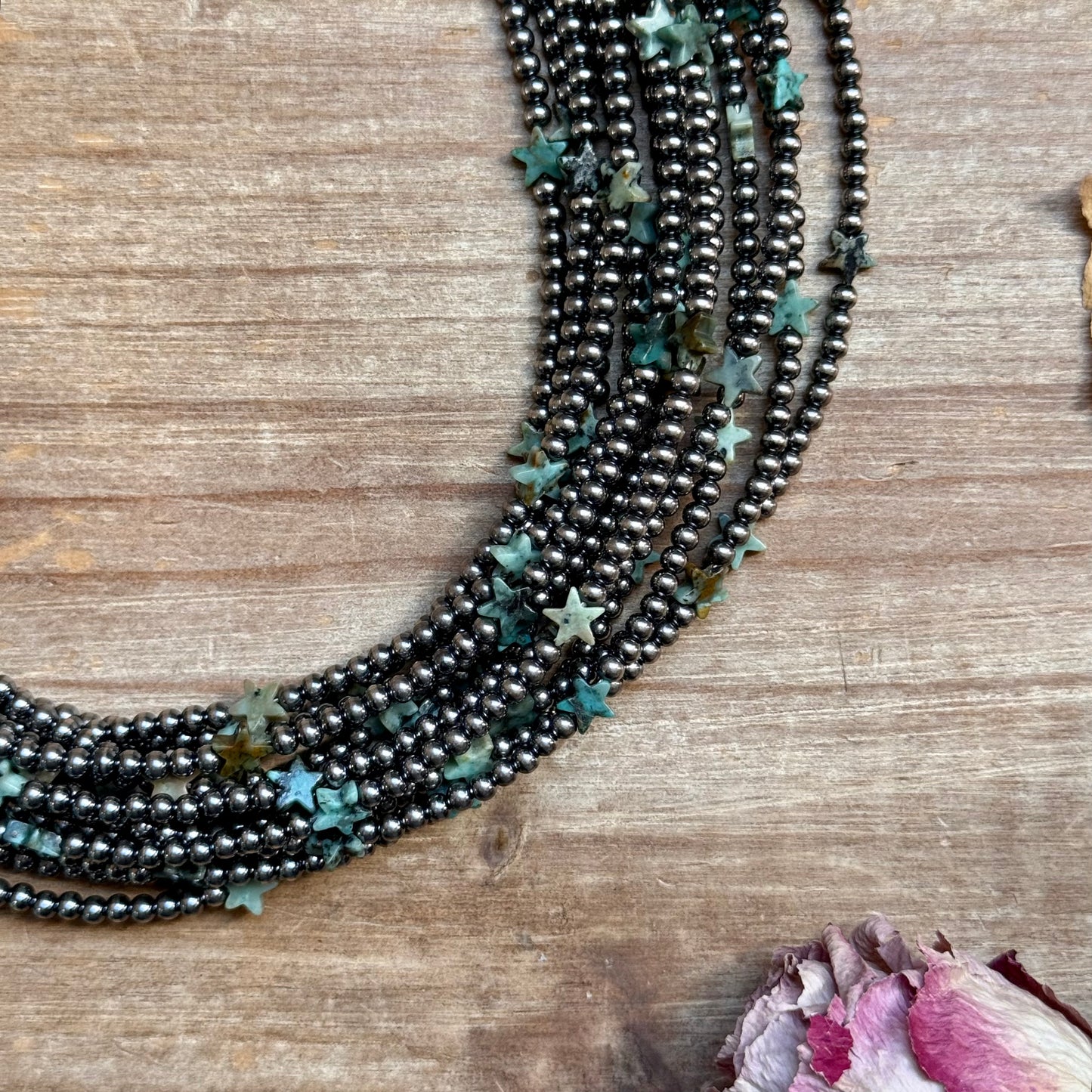 15” African Turquoise Star Necklace – Sterling Silver Pearls