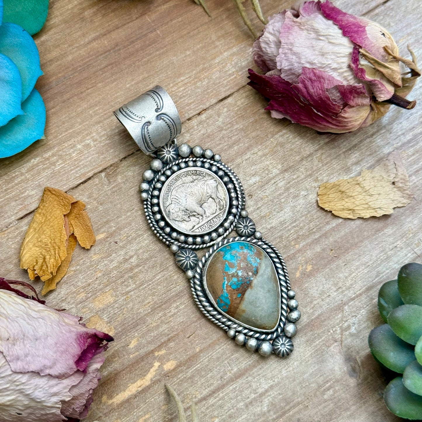 71 - Sterling Silver Easter Blue Turquoise & Buffalo Nickel Pendant by Shay Pfeiffer