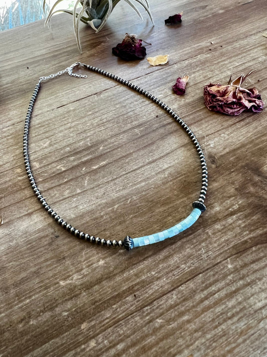 Blue shell choker with 3 mm Sterling Silver Pearls