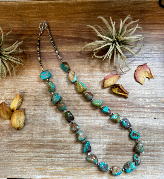 27-inch necklace with 3 mm natural shell beads and turquoise nugget accents, handmade by The Bijoux FAB