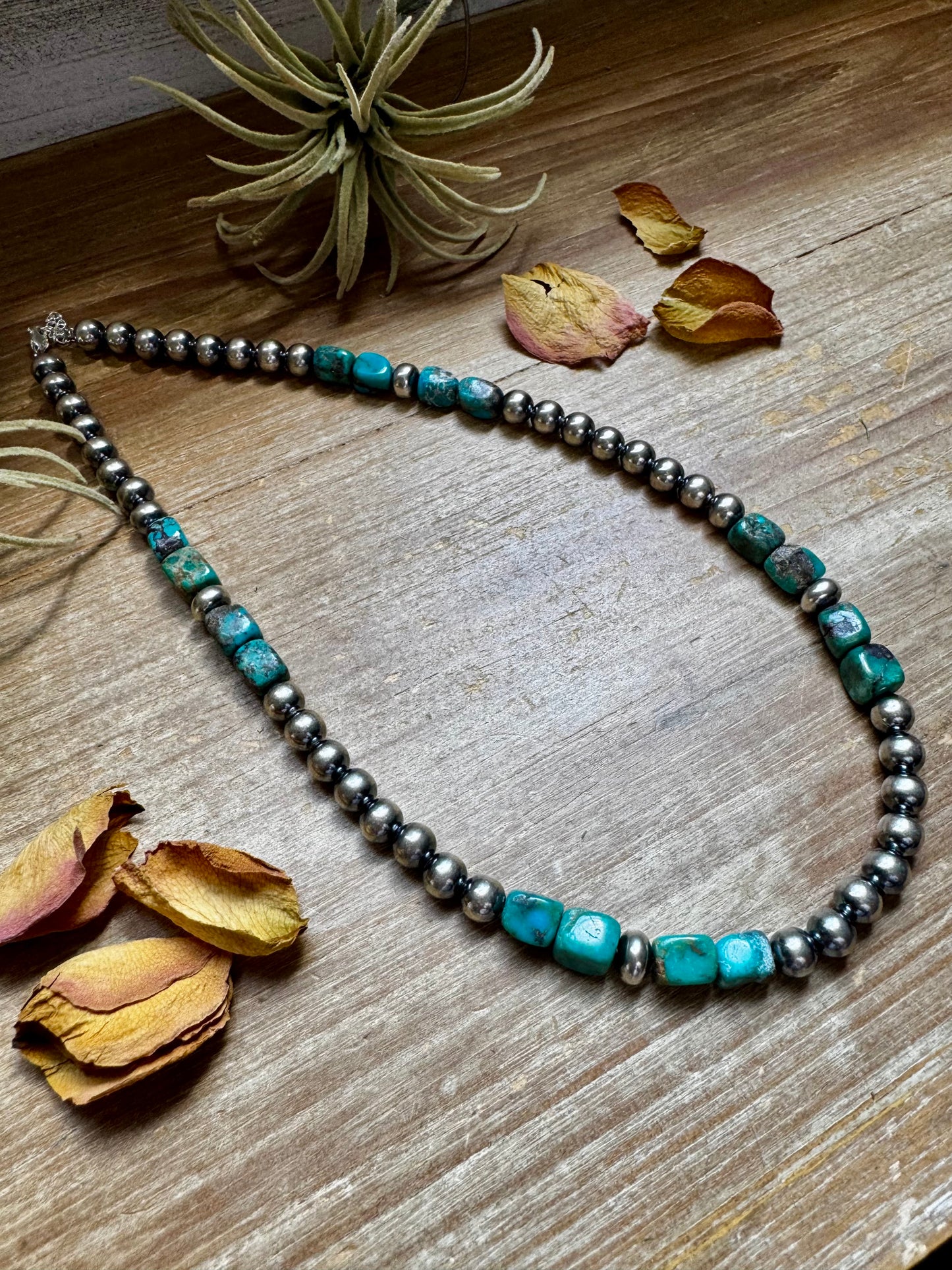 Blue Turquoise & Sterling Silver Necklace – 8 mm Pearls – 20 ½ Inch