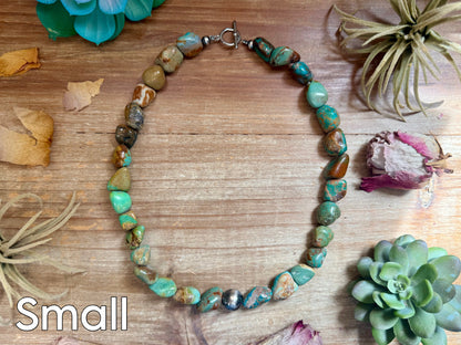 Chunky turquoise nugget necklace with oversized sterling silver center pearl designed for bold western layering