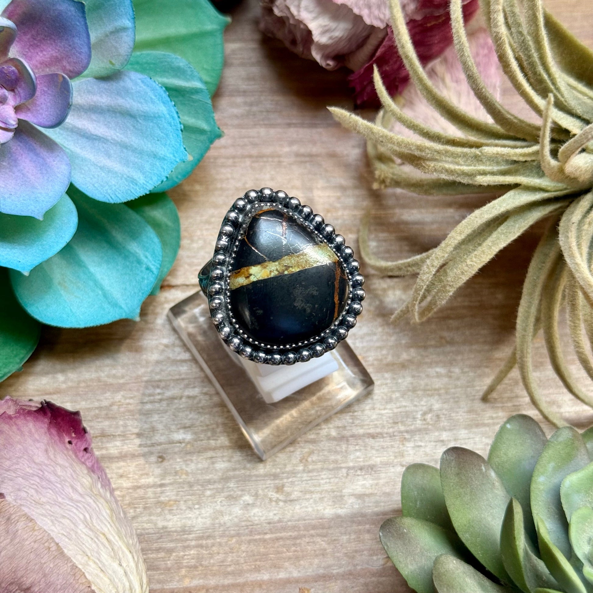 Free form black jack stone adjustable sterling silver ring handmade in USA
