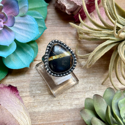Free form black jack stone adjustable sterling silver ring handmade in USA
