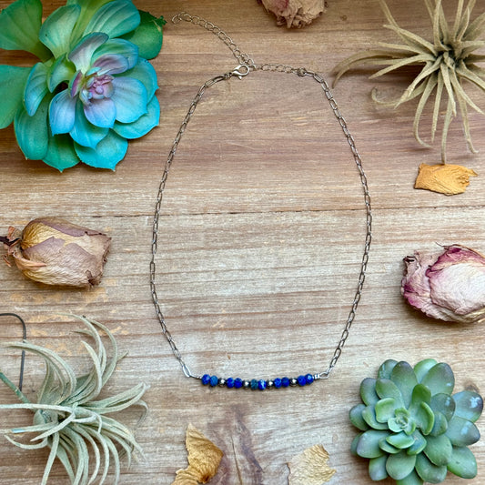 New Faceted Lapis & Sterling Silver Pearl Paperclip Necklace