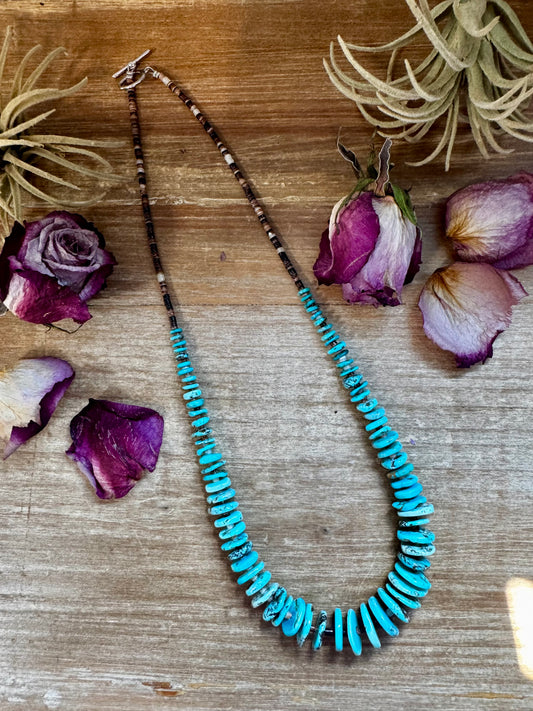 23" necklace with 3mm brown and beige shell beads and graduated light blue turquoise, handmade by The Bijoux FAB in the USA