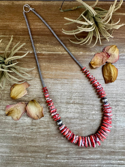 23" handmade orange spiny oyster necklace with hematite saucers and 10mm sterling silver pearls – made by The Bijoux FAB