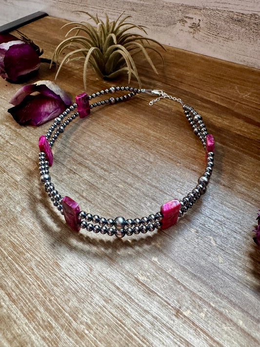 Pink Double Strand Necklace – 13” Beaded – Sterling Silver Pearls & Rectangle Variscite Turquoise