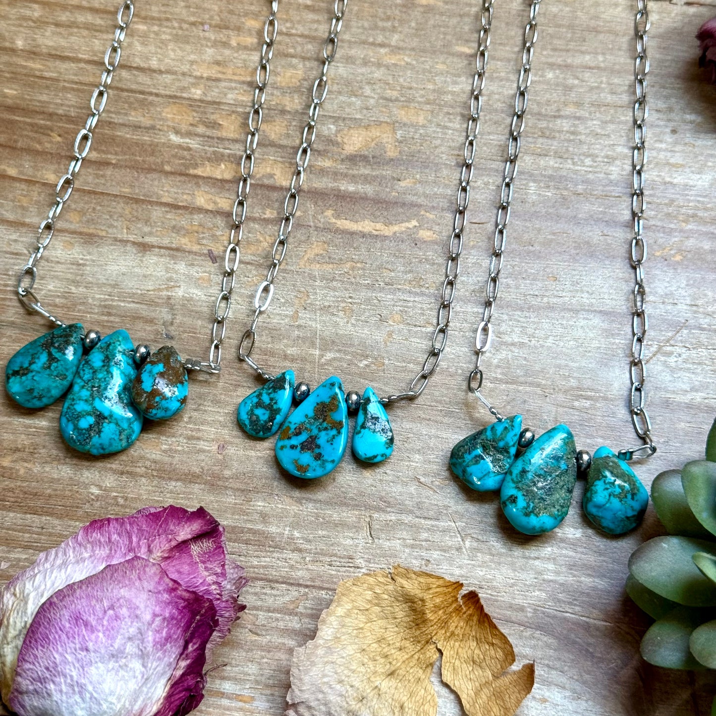 15” Turquoise Teardrop Chain Necklace – Silver Plated Paperclip