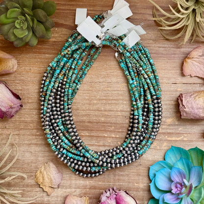 15” Heishi Turquoise Necklace – 4mm Turquoise & 5mm Sterling Silver Pearls