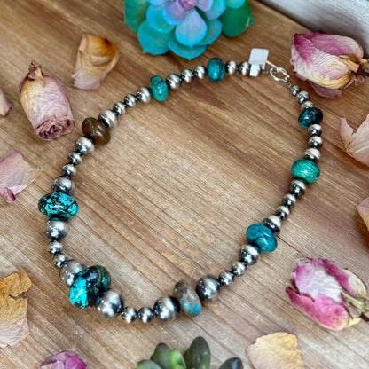 22” Massive Turquoise Rondelle Necklace – Sterling Silver Pearls