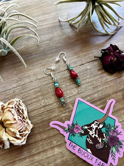 Green turquoise dangle earrings with red corral
