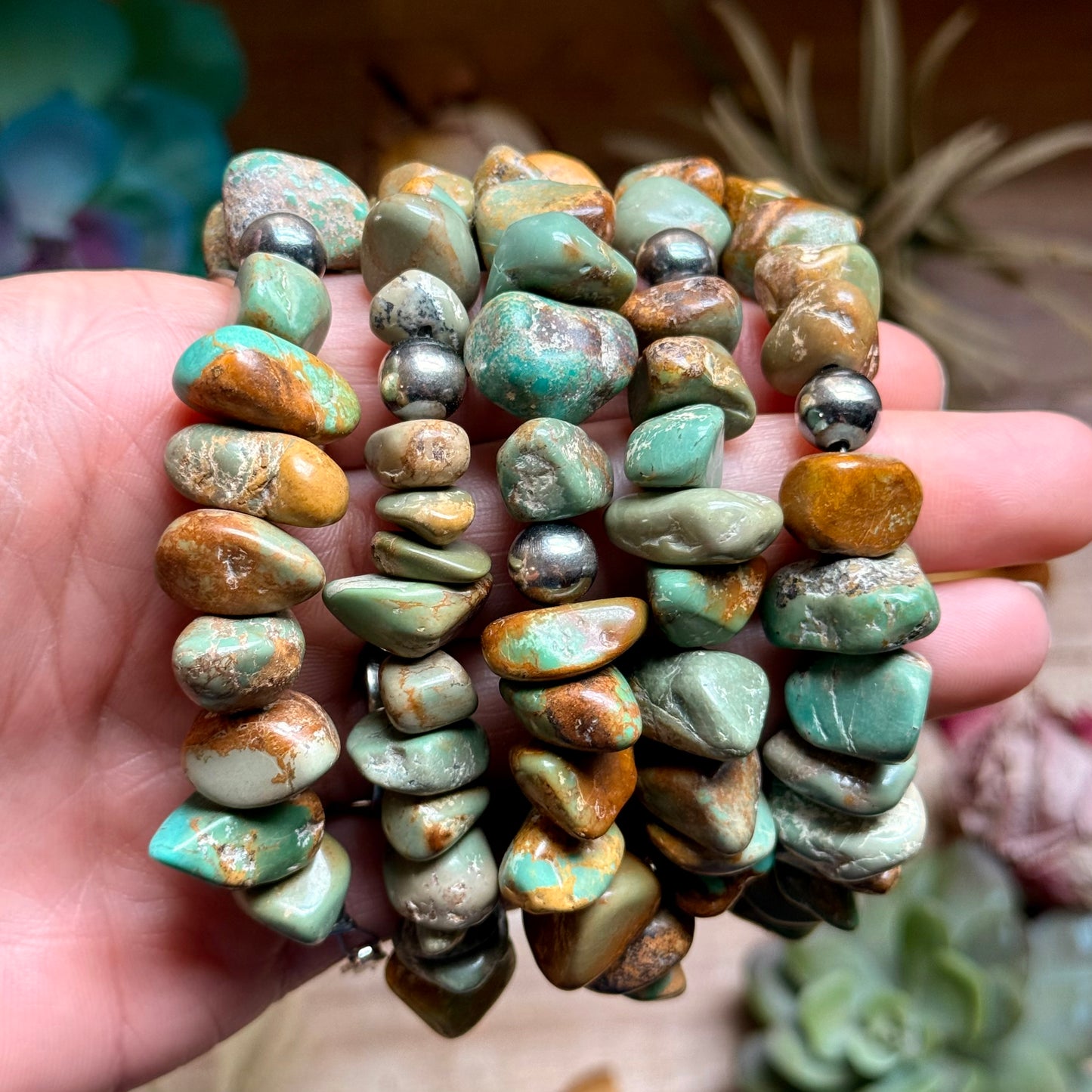 Green Turquoise Nugget Bracelet with Sterling Silver Pearls – 7” + Extender