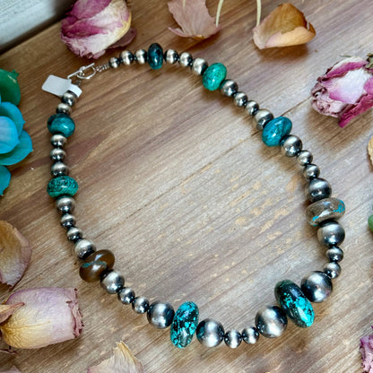 22” Massive Turquoise Rondelle Necklace – Sterling Silver Pearls