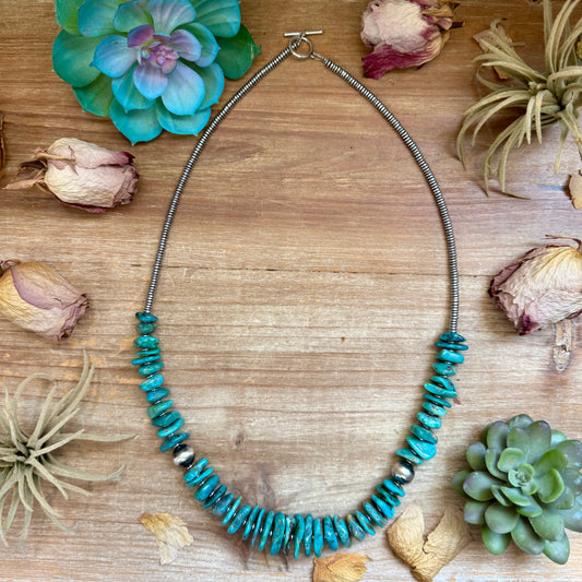 Graduated blue turquoise statement necklace with hematite spacers and 12mm sterling silver pearls handmade by The Bijoux FAB
