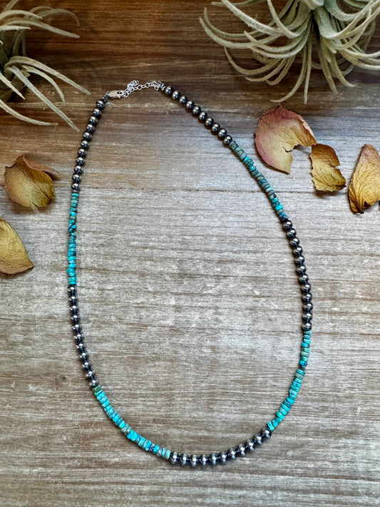 19" sterling silver pearl necklace with 4mm heishi turquoise beads, handmade by The Bijoux FAB in the USA
