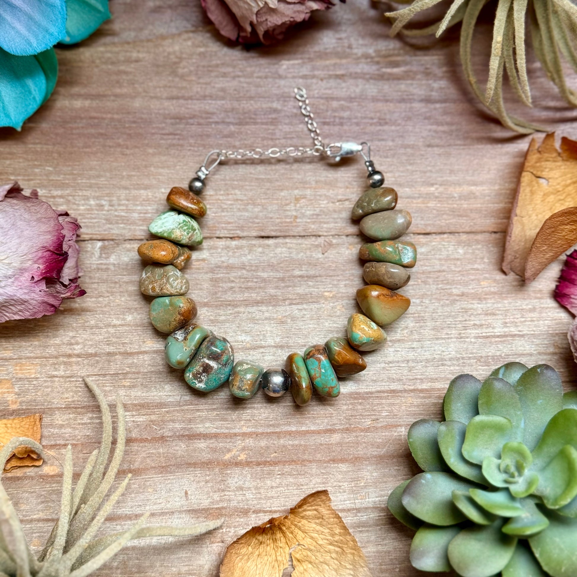 green turquoise nugget bracelet with larger stones, 8mm sterling silver center pearls and 5mm accents, 7 inch with extender handmade in the USA