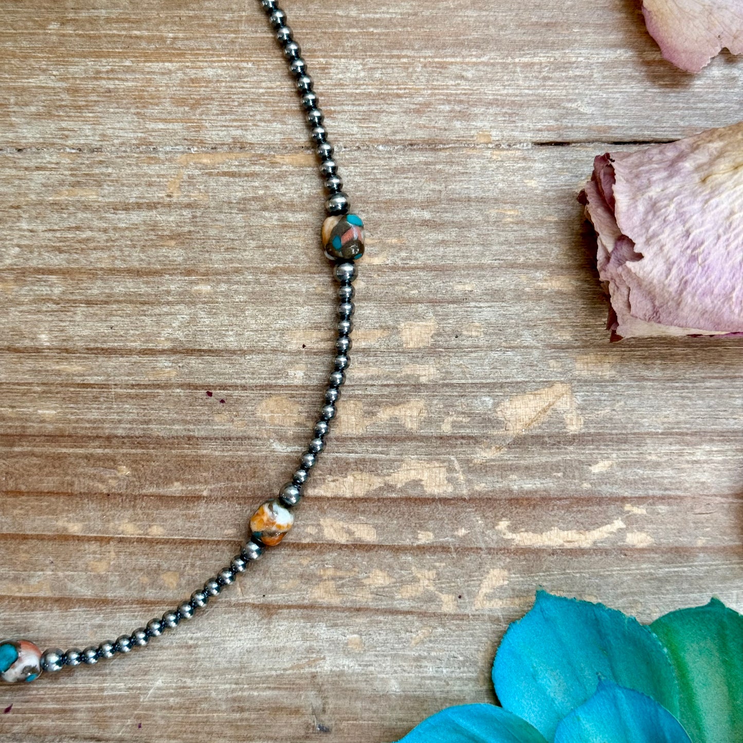 kid necklace 13” Turquoise & Spiny Oyster Necklace – 3–4mm Sterling Silver Pearls