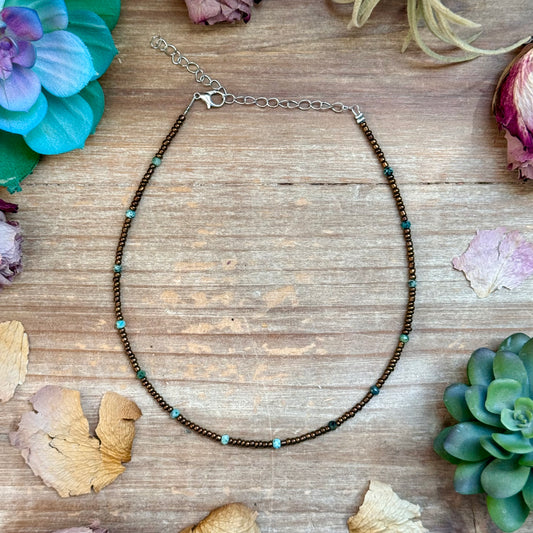 Copper glass seed bead and African turquoise choker necklace
