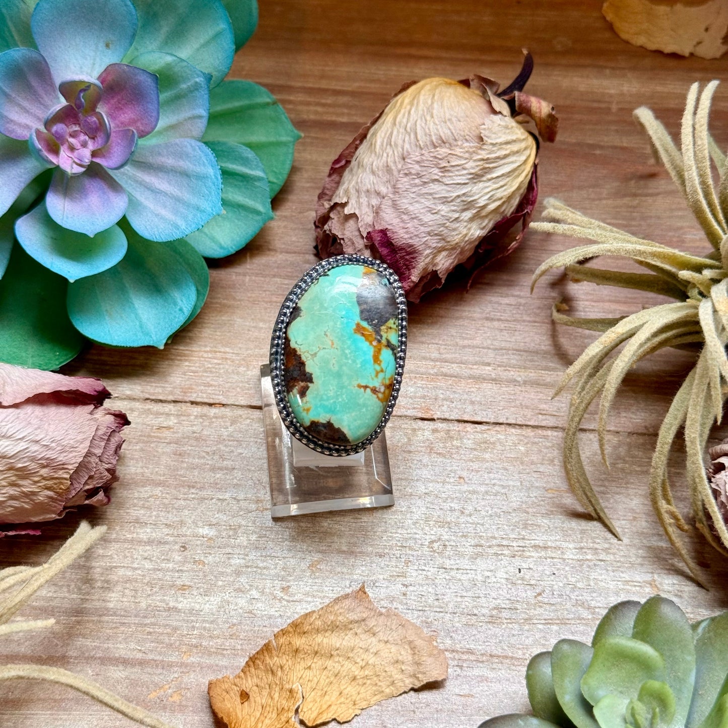 Bright blue turquoise sterling silver adjustable ring with natural matrix handmade in the USA by The Bijoux FAB
