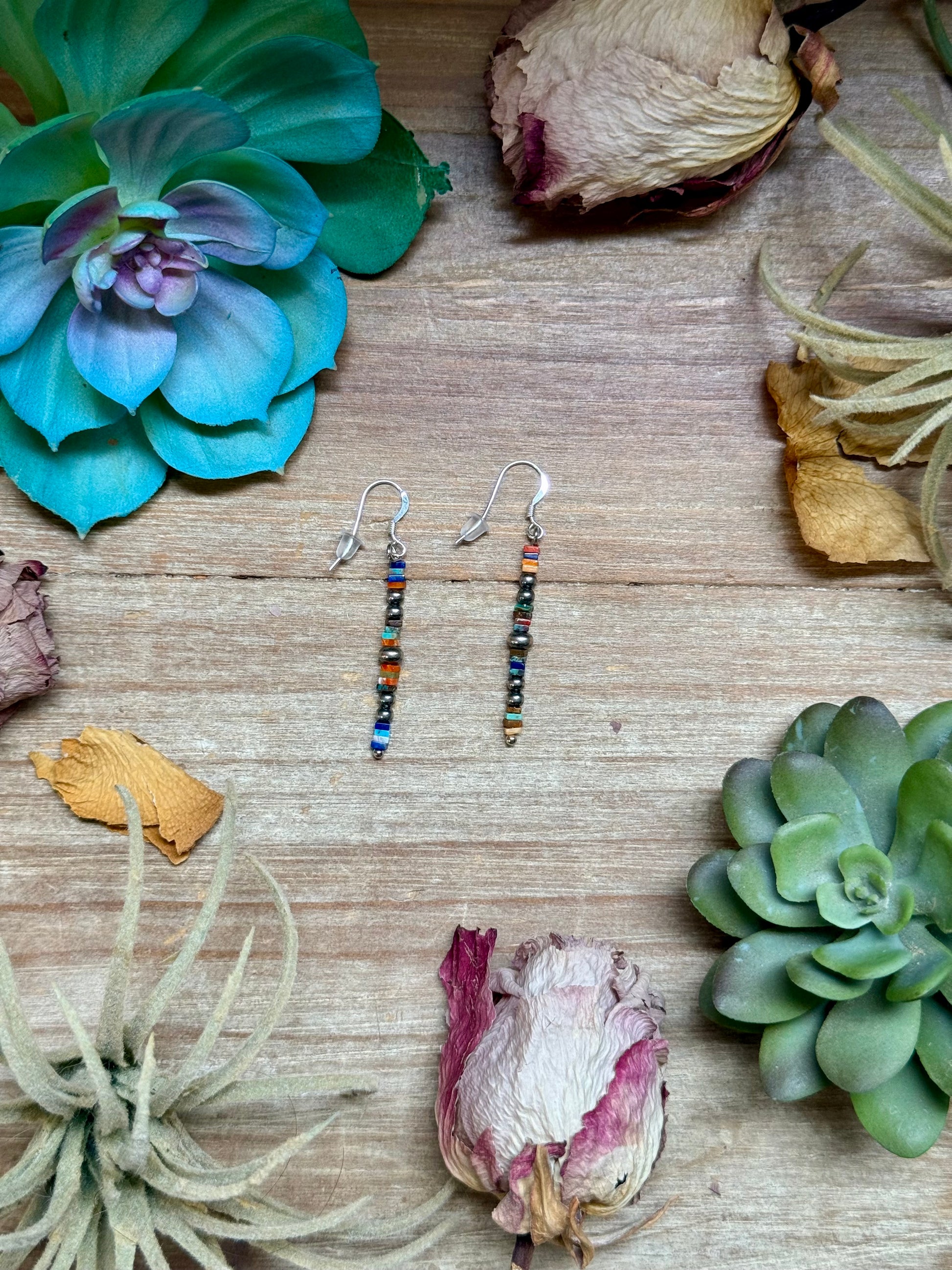 Mixed stone cube earrings with spiny oyster, lapis, turquoise, and sterling silver hooks handmade by The Bijoux FAB