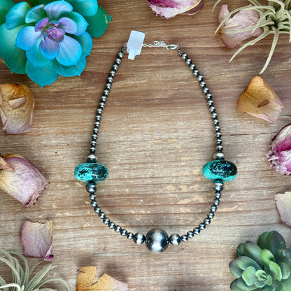 16 inch turquoise rondelle necklace with 20mm center stone and mixed size sterling silver pearls handmade by The Bijoux FAB