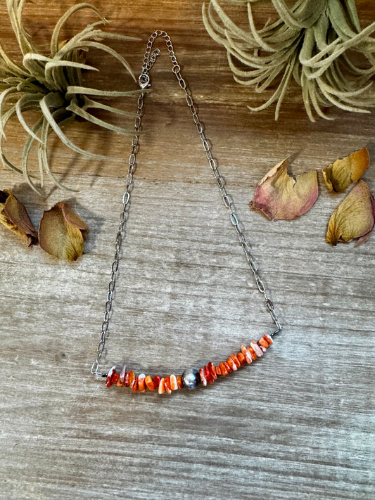 17" silver plated paperclip chain necklace with spiny oyster chips and 10mm sterling silver pearl bead, handmade by The Bijoux FAB in the USA