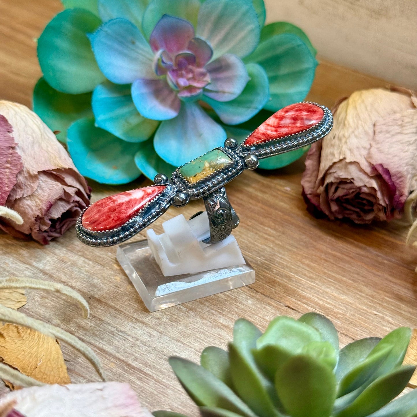 MJ Red Spiny & Green Turquoise Adjustable Ring