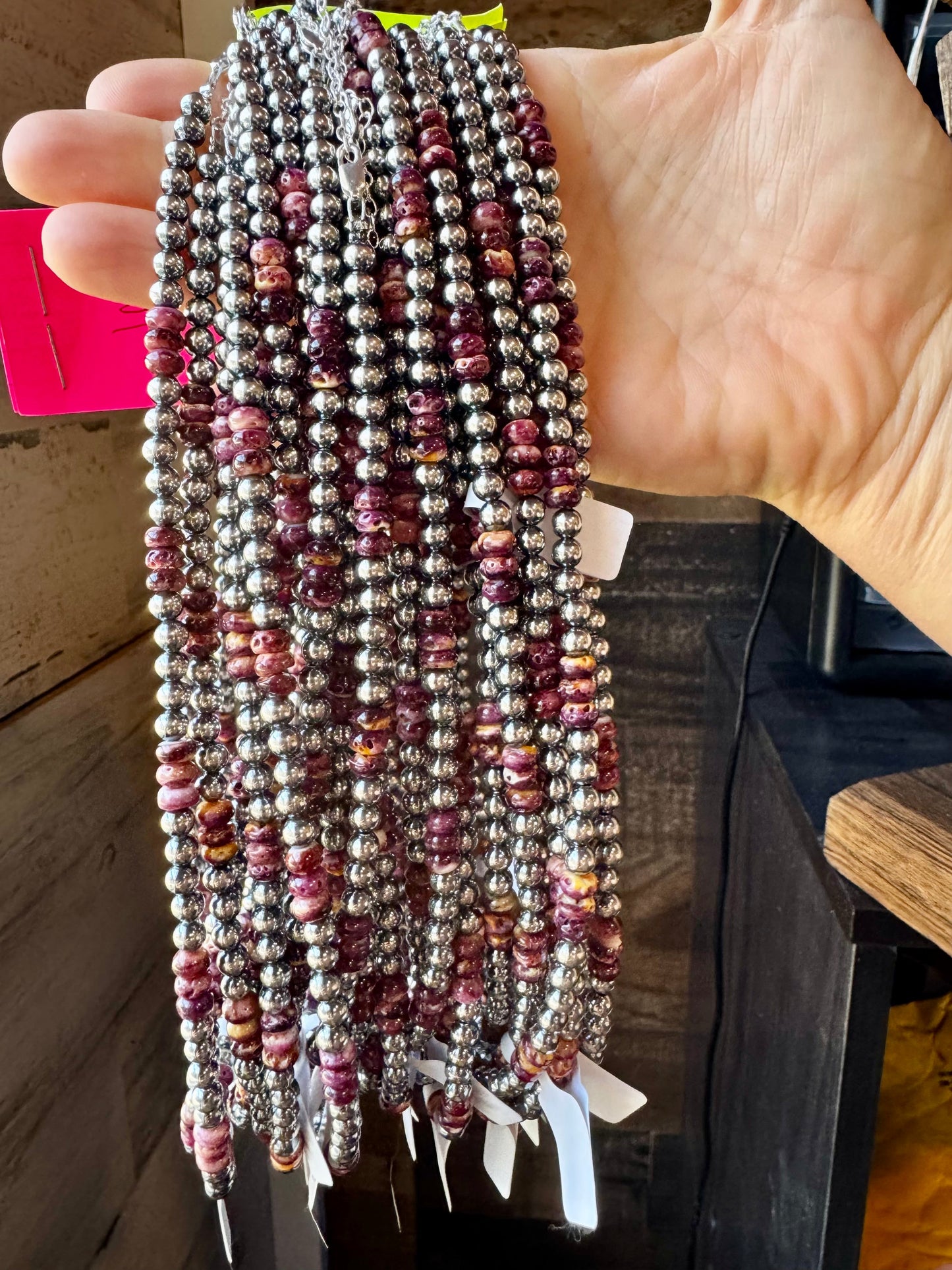 Handmade 18-inch sterling silver pearl necklace with deep purple spiny oyster beads and extender, limited edition by The Bijoux FAB
