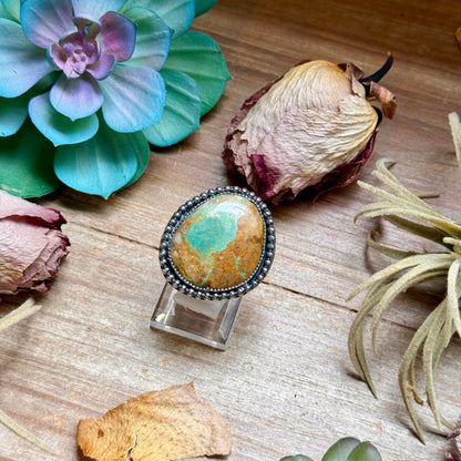 Green turquoise sterling silver adjustable freeform ring with brown matrix handmade in the USA by The Bijoux FAB