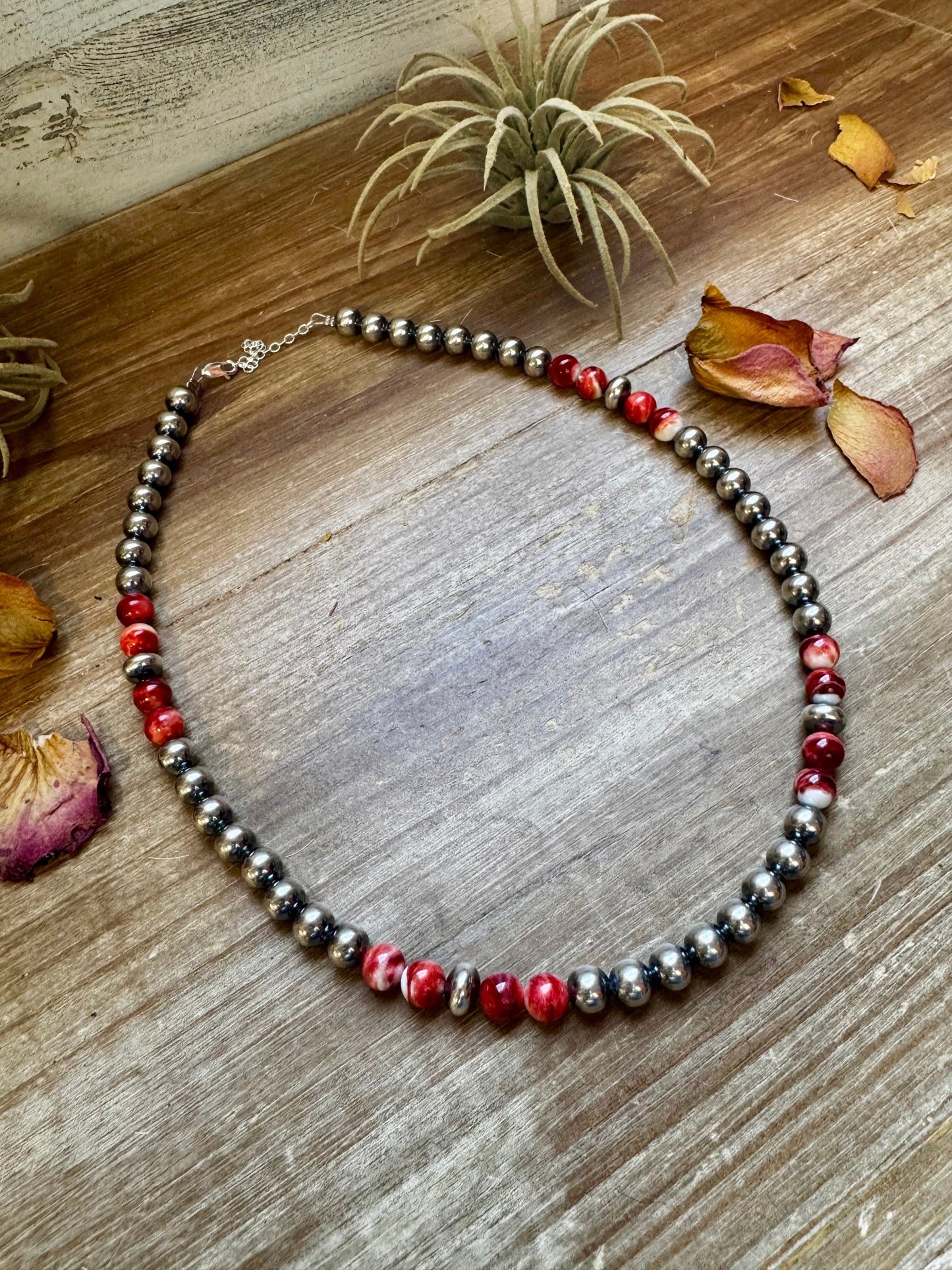 19 inch 8 mm Sterling Silver Pearls necklace with Red Spiny