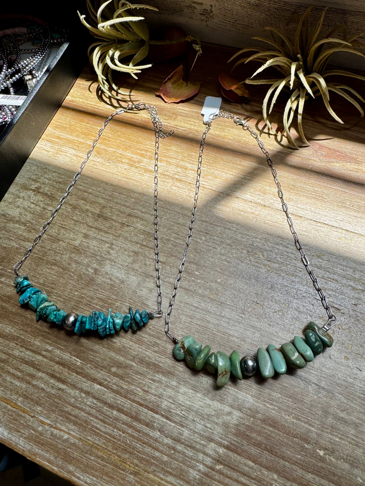 Turquoise Chip Necklace – Sterling Silver Pearl Accent – Paperclip Chain