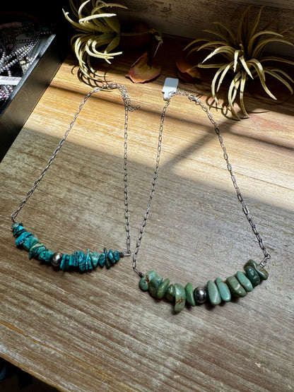 Turquoise Chip Necklace – Sterling Silver Pearl Accent – Paperclip Chain