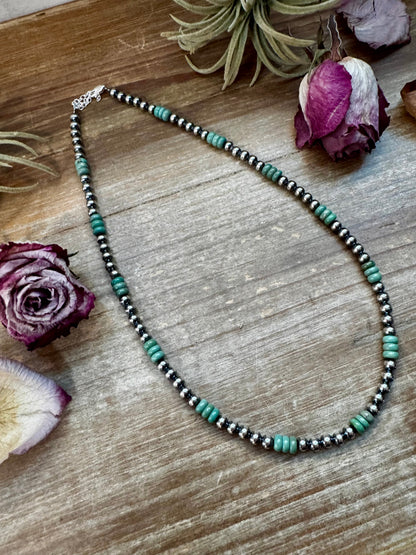 19-inch sterling silver pearl necklace with green turquoise rondelles, handmade by The Bijoux FAB in the USA