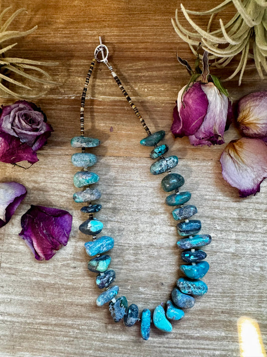 18.5" necklace with turquoise nuggets and 2mm brown and beige shell beads, handmade by The Bijoux FAB in the USA