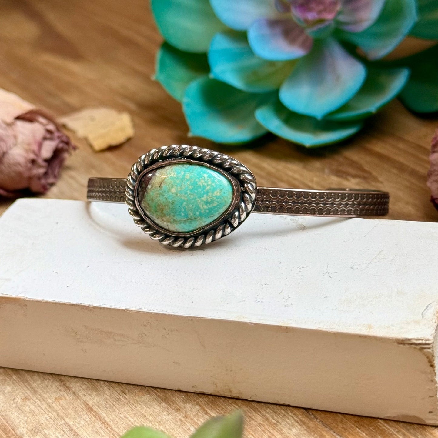 Copper and turquoise cuff bracelet with sterling silver rope border handmade by The Bijoux FAB