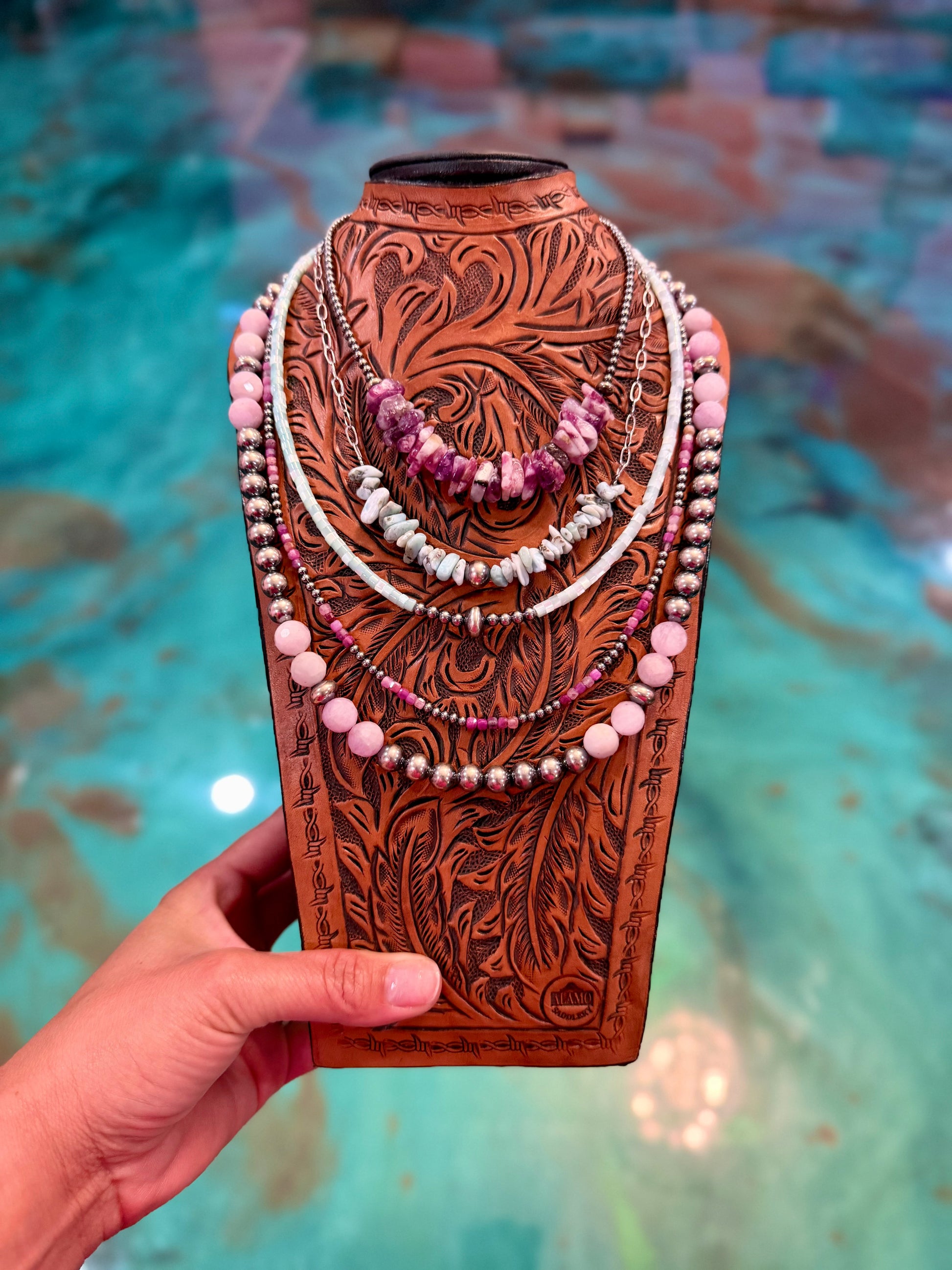 Five piece layered necklace stack featuring Lepidolite, Larimar, turquoise shell heishi, cubic ruby, Kunzite, and sterling silver pearls handmade by The Bijoux FAB
