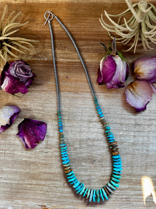 23" necklace with green, blue, and brown turquoise accented by 4mm hematite beads, handmade by The Bijoux FAB in the USA