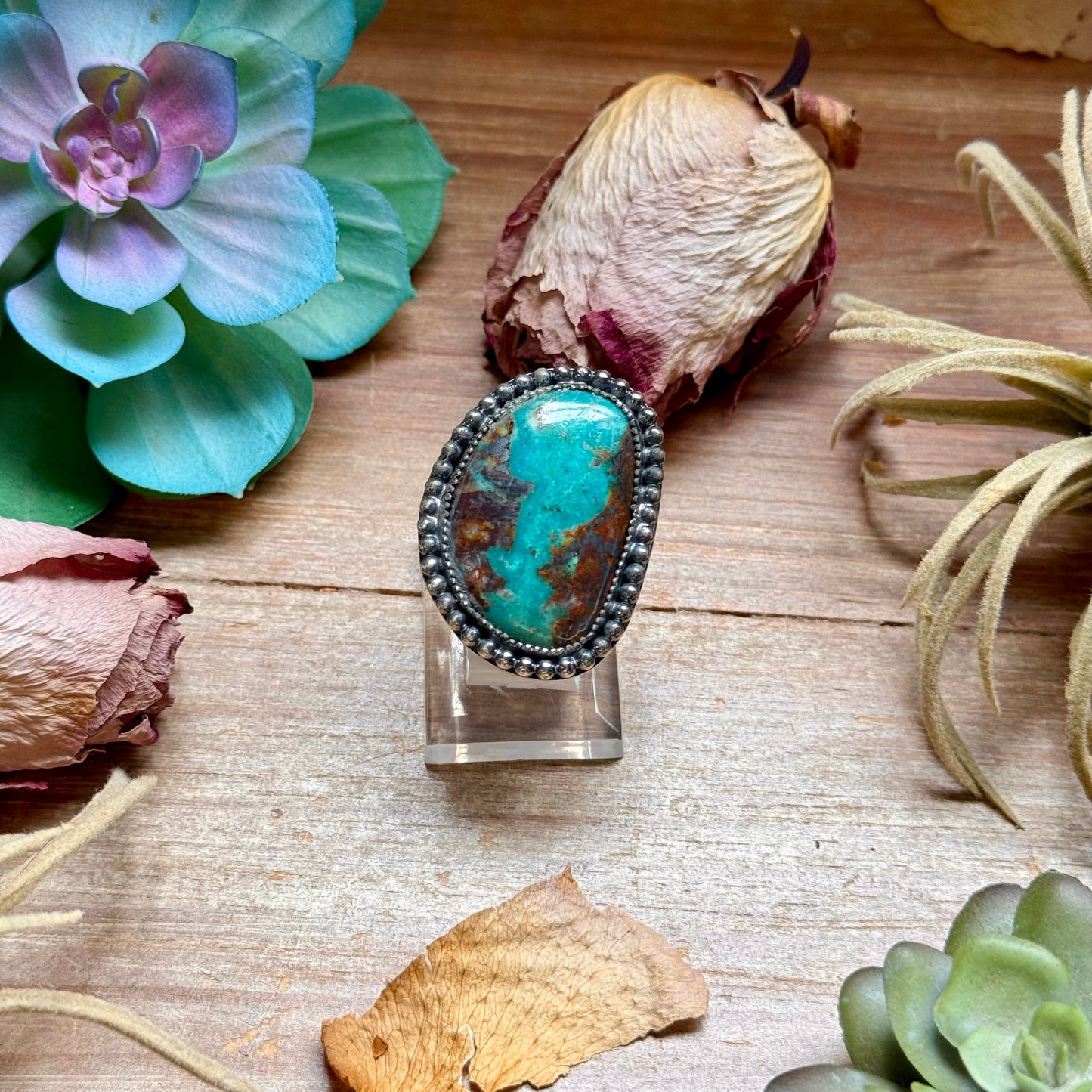 Dark blue turquoise sterling silver adjustable freeform ring with brown matrix handmade in the USA by The Bijoux FAB