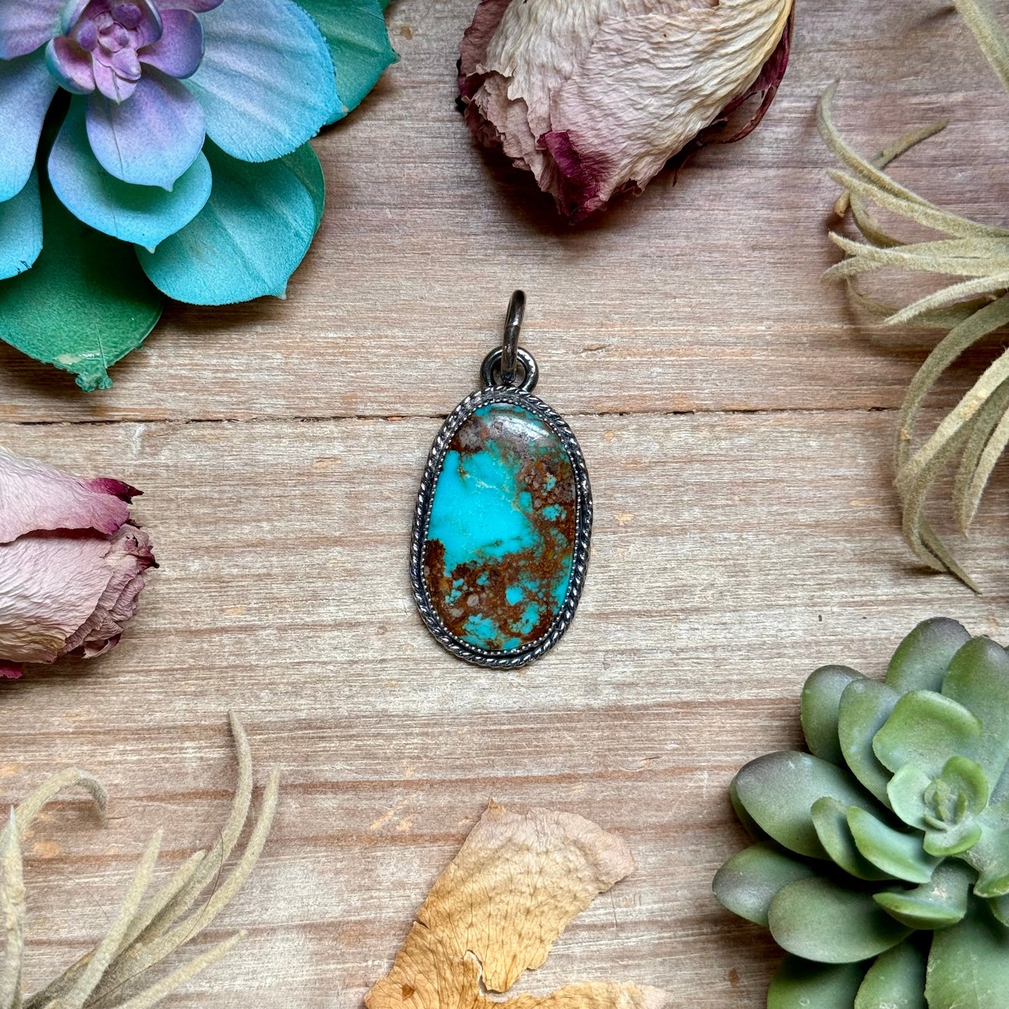 Bright blue turquoise sterling silver pendant with natural matrix handmade in the USA by The Bijoux FAB
