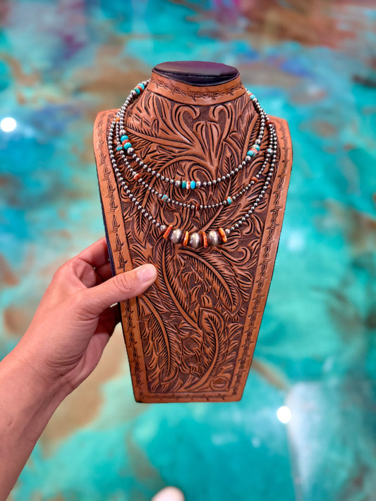 One-of-a-kind Jaci Collection layered necklace set featuring sterling silver pearls, blue turquoise rondelles, Mohave rondelles, and red and orange spiny oyster accents.