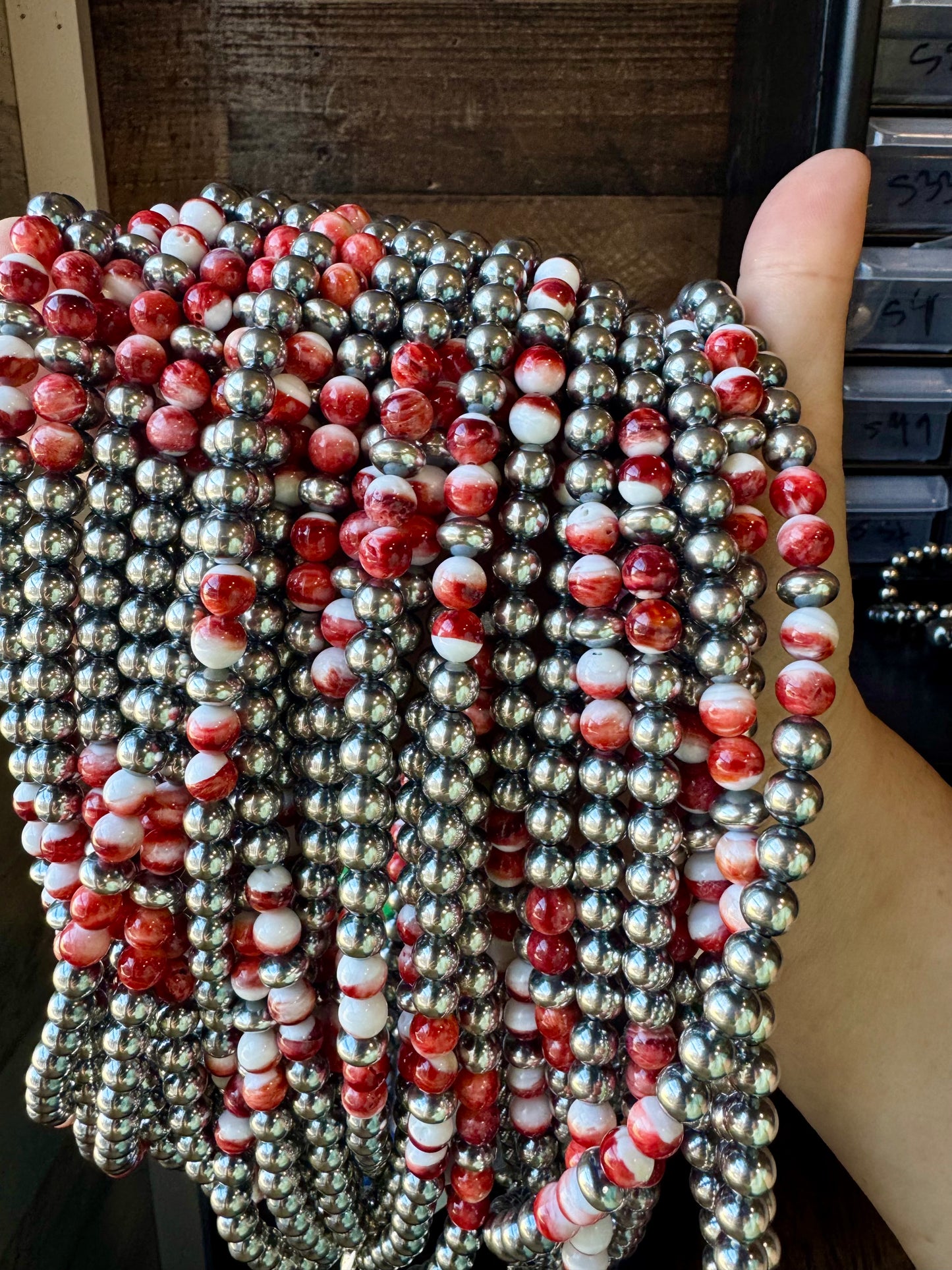 19 inch 8 mm Sterling Silver Pearls necklace with Red Spiny