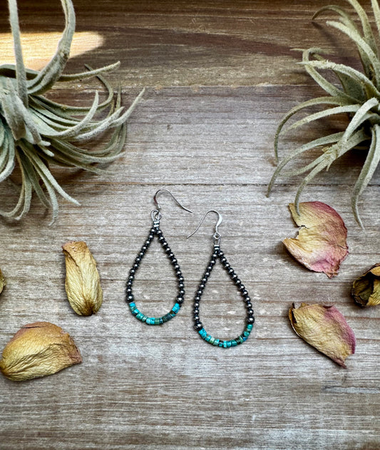 Teardrop earrings with sterling silver pearls and blue turquoise heishi beads, handmade in the USA